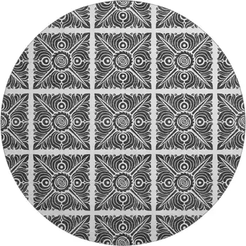 8' Ivory And Black Medallion Washable Round Rug With UV Protection