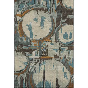 5' X 8' Beige Brown And Teal Geometric Washable Area Rug With UV Protection