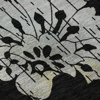 9' X 12' Black Silver And Beige Floral Washable Area Rug With UV Protection