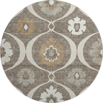 8' Brown Beige And Ivory Medallion Washable Round Rug With UV Protection