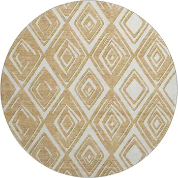 8' Gold And Ivory Geometric Washable Round Rug With UV Protection