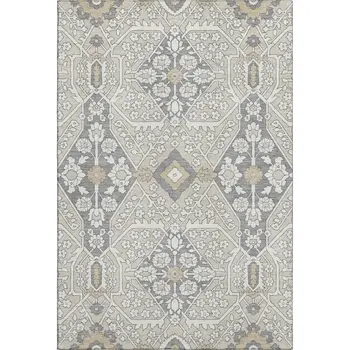 8' X 10' Beige Ivory And Gray Floral Washable Area Rug With UV Protection
