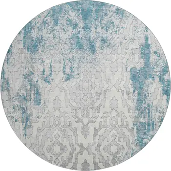 8' Teal Ivory And Gray Medallion Washable Round Rug With UV Protection