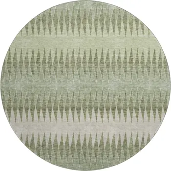 8' Artichoke Green And Beige Striped Washable Round Rug With UV Protection