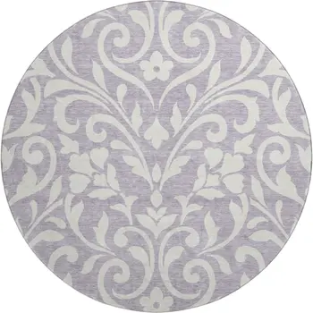 8' Lavender And Ivory Floral Washable Round Rug With UV Protection