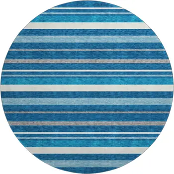 8' Denim Blue Ivory And Gray Striped Washable Round Rug With UV Protection