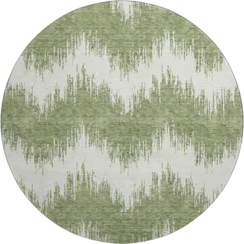 8' Green And Ivory Chevron Washable Round Rug With UV Protection