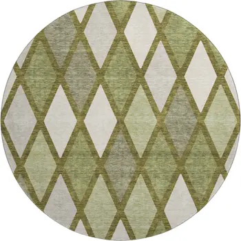 8' Olive Green And Ivory Geometric Washable Round Rug With UV Protection
