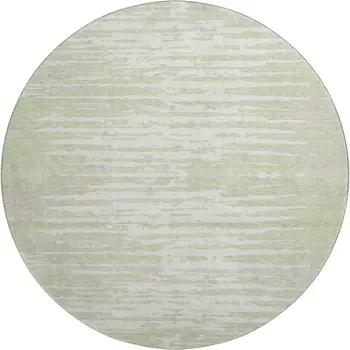 8' Artichoke Green And Ivory Striped Washable Round Rug With UV Protection