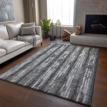 9' X 12' Gray And Silver Striped Washable Area Rug With UV Protection