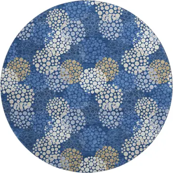 8' Navy Blue Ivory And Beige Polka Dot Washable Round Rug With UV Protection
