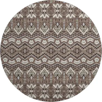 8' Brown And Beige Moroccan Washable Round Rug With UV Protection