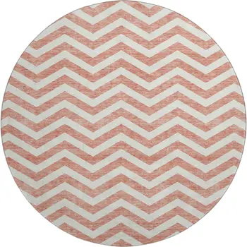8' Salmon And Ivory Chevron Washable Round Rug With UV Protection