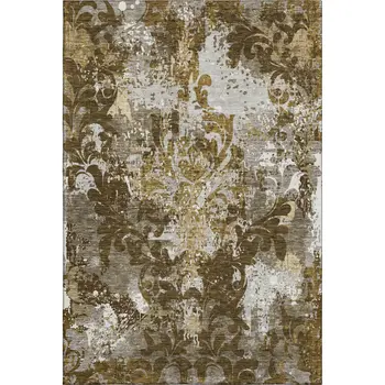 5' X 8' Brown Ivory And Beige Damask Washable Area Rug With UV Protection