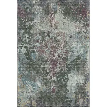 9' X 12' Fern Green Purple And Teal Damask Washable Area Rug With UV Protection