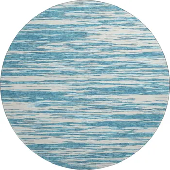 8' Teal And Ivory Striped Washable Round Rug With UV Protection