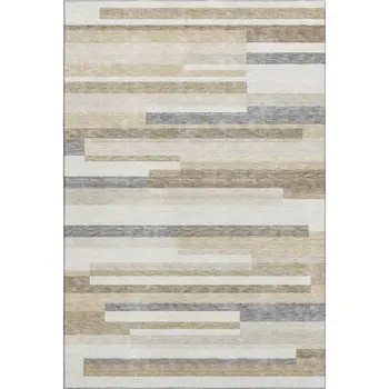 9' X 12' Ivory Gray And Beige Striped Washable Area Rug With UV Protection
