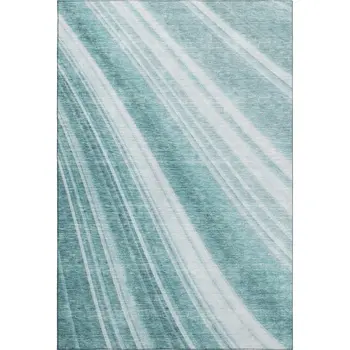 8' X 10' Teal And Ivory Striped Washable Area Rug With UV Protection