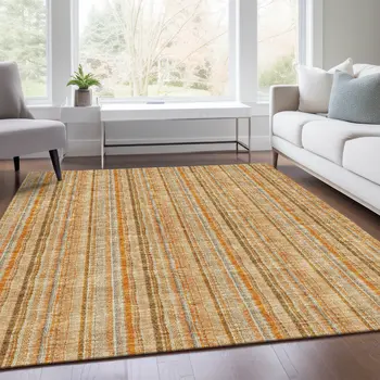 9' X 12' Peach Beige And Orange Striped Washable Area Rug With UV Protection