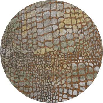 8' Rust Gold And Green Abstract Geometric Washable Round Rug With UV Protection