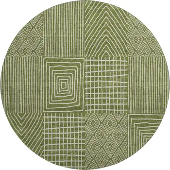 8' Olive Green And Ivory Geometric Washable Round Rug With UV Protection
