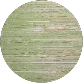 8' Green Ivory And Beige Striped Washable Round Rug With UV Protection