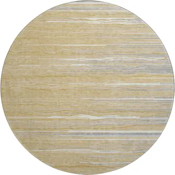 8' Gold Gray And Ivory Striped Washable Round Rug With UV Protection