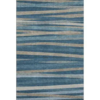 9' X 12' Denim Blue Ivory And Beige Striped Washable Area Rug With UV Protection