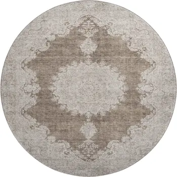 8' Brown Ivory And Beige Oriental Washable Round Rug With UV Protection