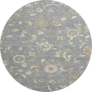 8' Gray Copper And Blue Floral Washable Round Rug With UV Protection