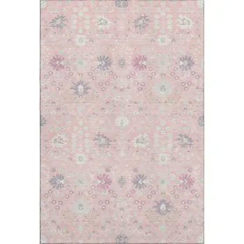 10' X 14' Pink Silver And Lavender Oriental Washable Area Rug With UV Protection
